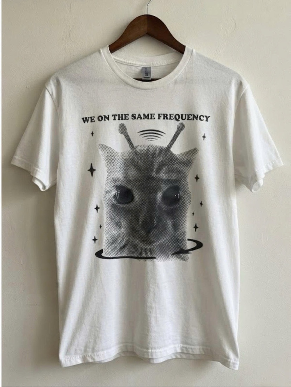Gildan White Tee with Black Cat Frequency Graphic | Unisex Shirt
